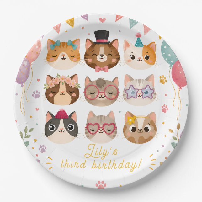 Assiettes en Papier Anniversaire Chat Mignon (Devant)