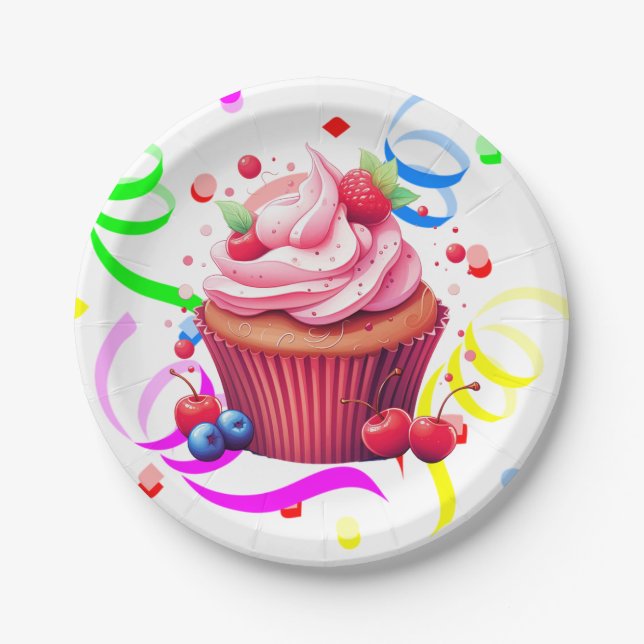 Assiettes en Papier Anniversaire Confettis Cupcake (Devant)