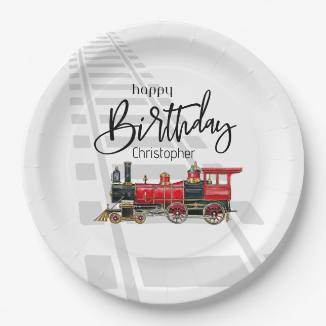 Assiettes en papier anniversaire Train Vintage Est (Devant)