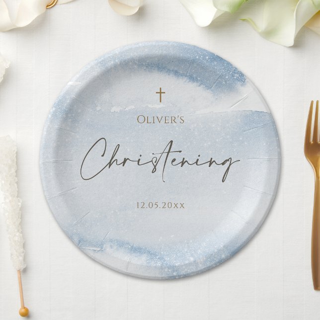Assiettes en papier aquarelle bleue pour baptême d (Blue Watercolor Boy Christening Paper Plates)
