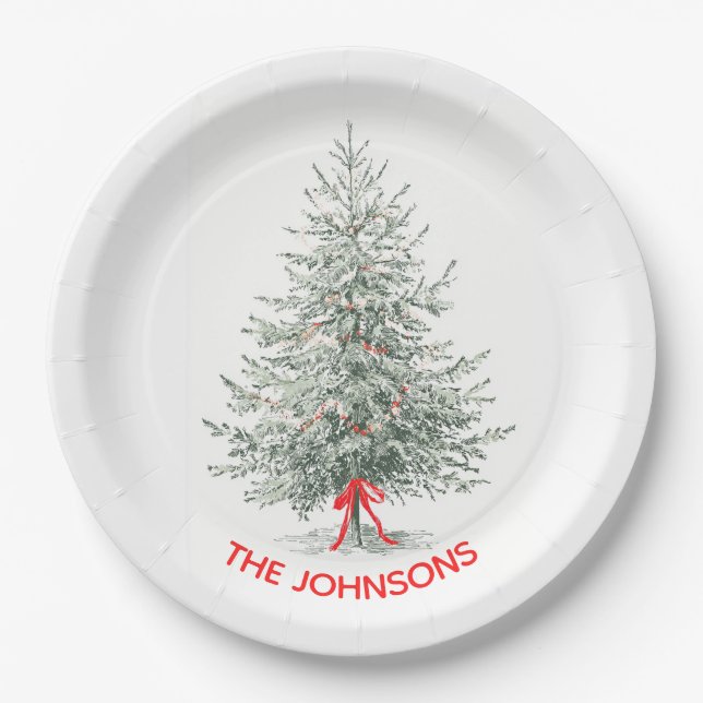 Assiettes en Papier Arbre de Noël Élégant & Nom Pe (Devant)
