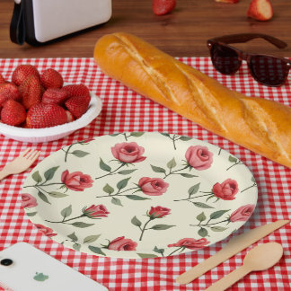 Assiettes en papier aux roses rouges aquarelle