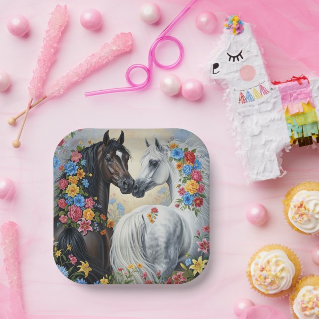 Assiettes en papier avec chevaux encadrés de fleur (Fête)