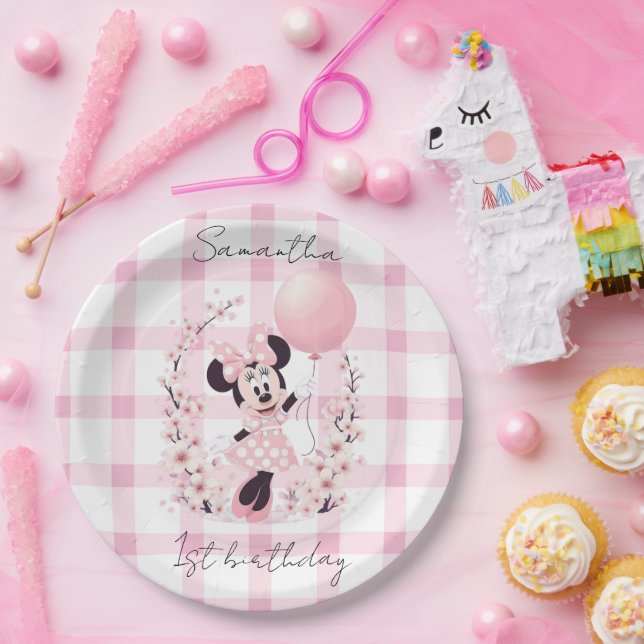 Assiettes en papier avec nom modifiable Minnie Mou (Fête)