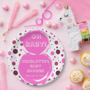 Assiettes en papier Baby shower à pois roses
