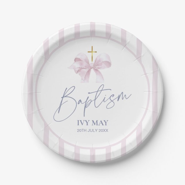 Assiettes en Papier Baptême pour Fille, Ruban Rose (Devant)