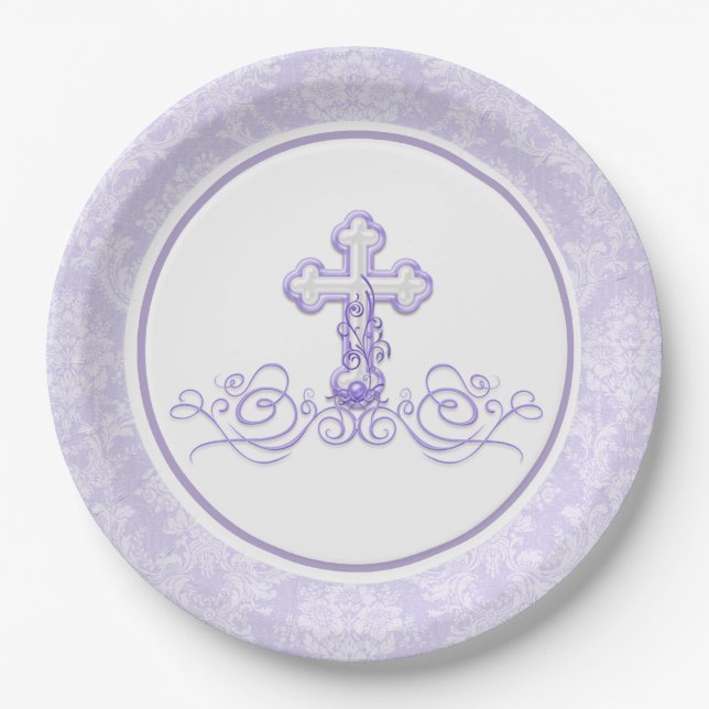 Assiettes en Papier Baptême Violet Lavande Fille (Devant)