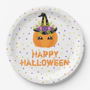 Assiettes en papier blanc Happy Halloween Citrouil