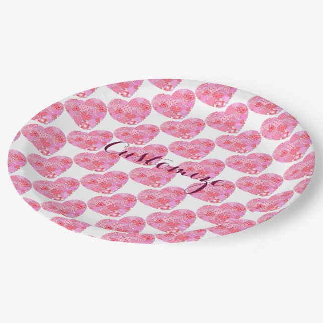 Assiettes en papier blanc Patchwork Hearts (Angle)