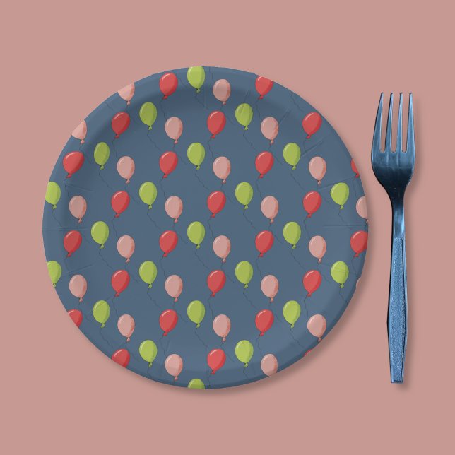 Assiettes en Papier Bleu Foncé Ballons d'Anniversa (Birthday balloon pattern dark blue paper plate.)
