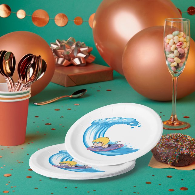 Assiettes en papier bleu vague garçon surfant (Créateur téléchargé)