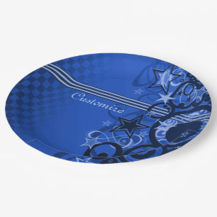 Assiettes en papier bleues à motifs rétro cercles 