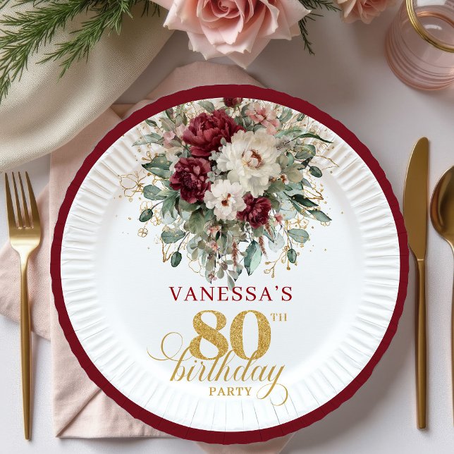 Assiettes en papier Boho Marsala Floral 80e Annive (Boho Marsala Floral 80th Birthday Paper Plates)