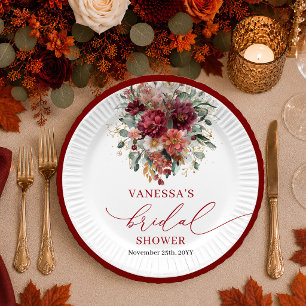 Assiettes en papier bordeaux or floral pour mariag