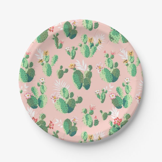 Assiettes en papier Cactus rose et sarcelle Sud-Ou (Devant)