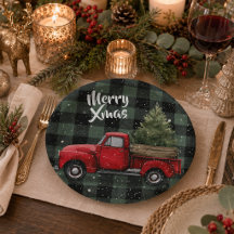 Assiettes en papier camion rouge festif avec arbre