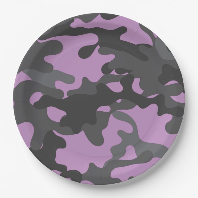 Assiettes en papier camouflage violet et gris (Devant)