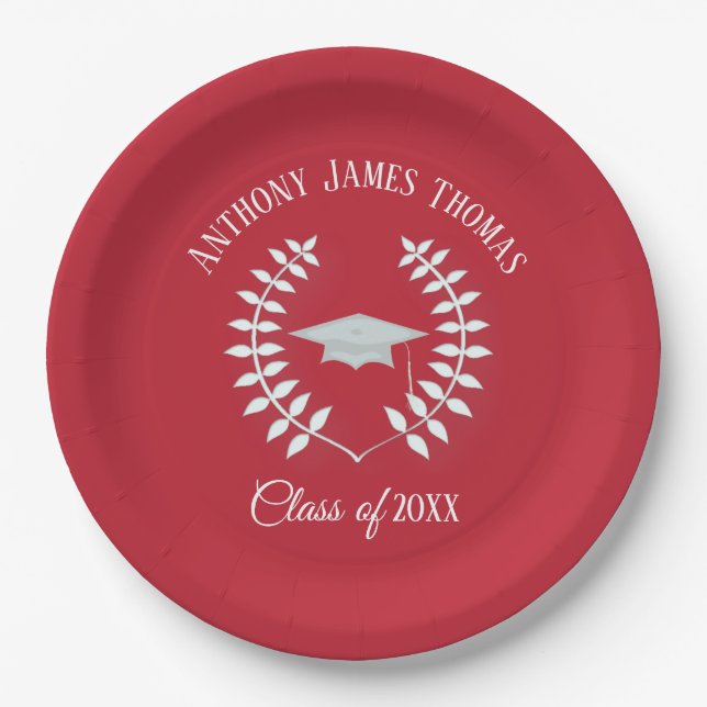 Assiettes en papier Cardinal Red Grad Cap et feuil (Devant)