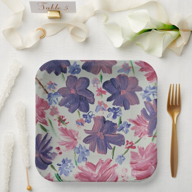 Assiettes en papier carrées 9" Fleur de Rose de Lu (Mariage)