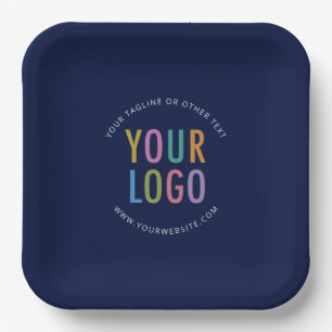 Assiettes en papier carrées bleu marine avec logo