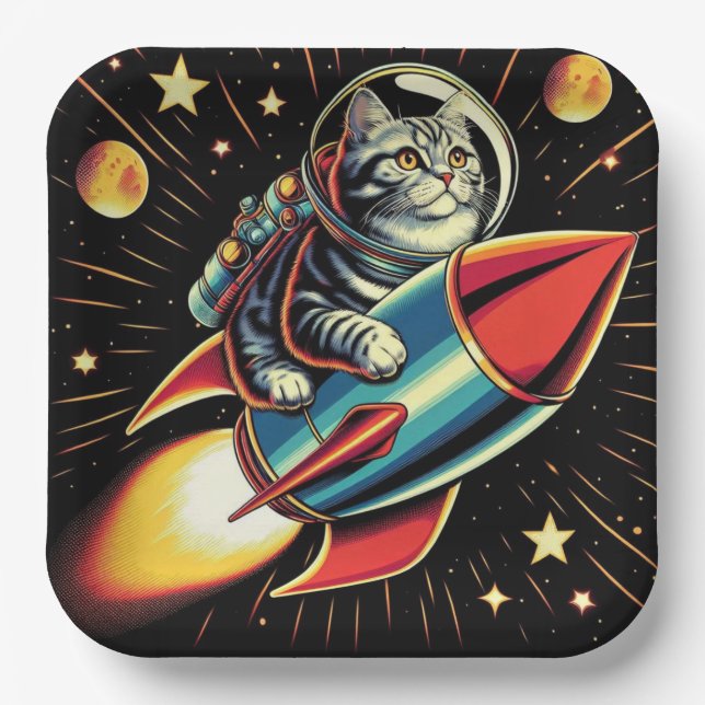 Assiettes en papier chat de l'espace ! (Recto)