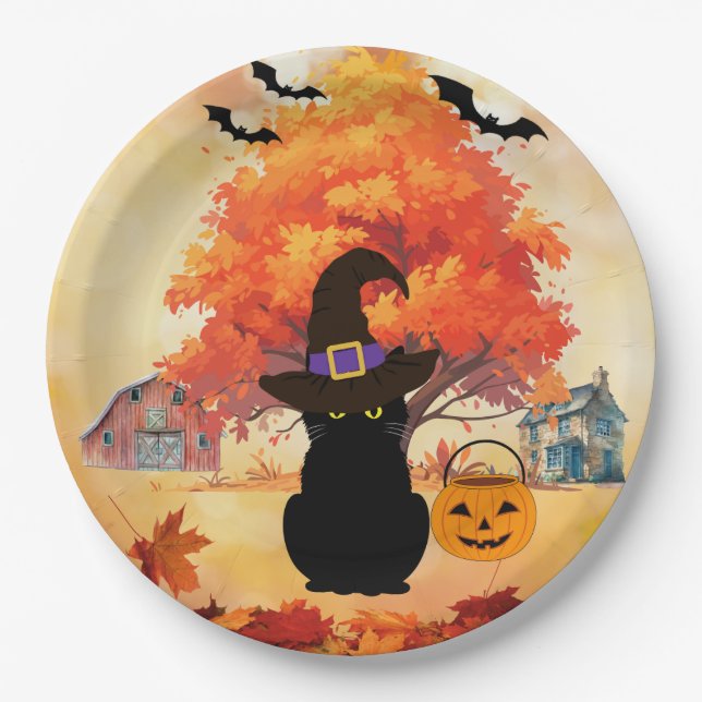 Assiettes en papier Chat Noir Halloween (Devant)
