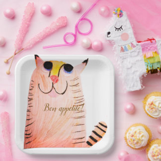 Assiettes en papier Chat Tigré Orange "Bon Appétit