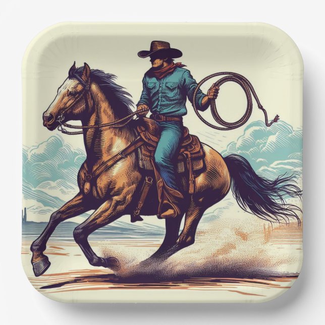 Assiettes en Papier Cheval de Cow-boy, Fête Wester (Recto)
