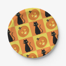 Assiettes en papier citrouille et chat.