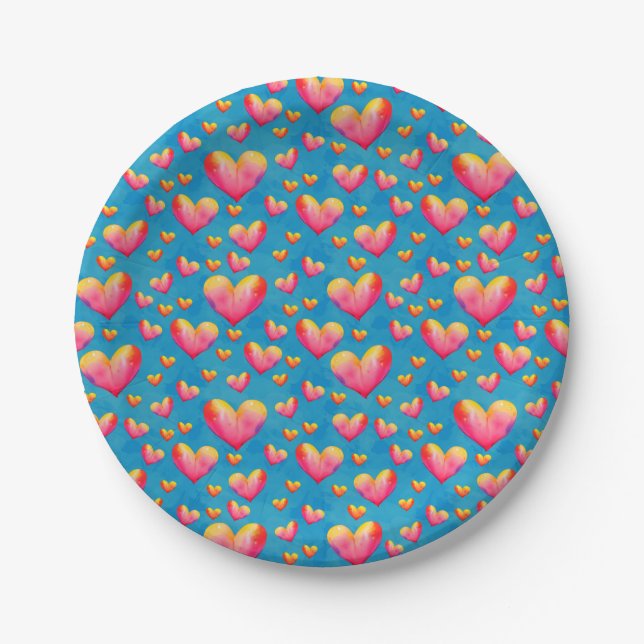 Assiettes en papier cœurs aquarelle multicolores (Devant)
