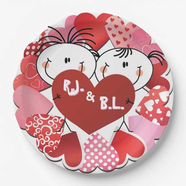 Assiettes en papier Cœurs Monogrammés (Devant)