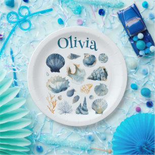 Assiettes en Papier Coquillage Bleu   Nom personna