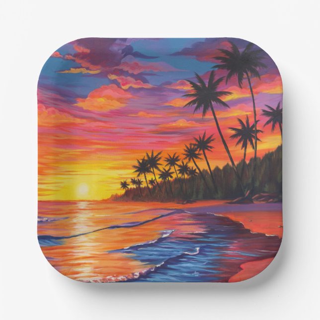 Assiettes en papier Coucher de soleil tropical (Recto)