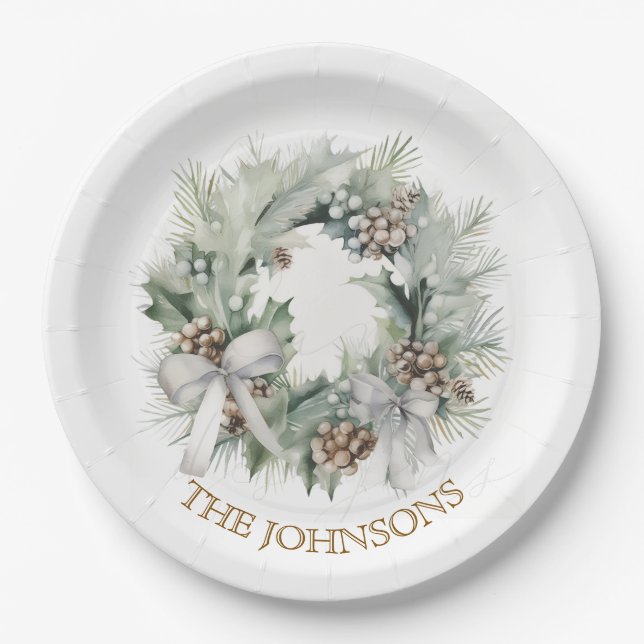 Assiettes en papier Couronne de Noël Pastel & Nom  (Devant)