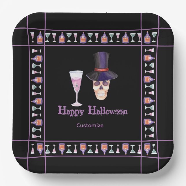 Assiettes en papier Crâne d'Halloween avec des pot (Recto)
