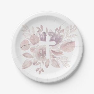 Assiettes en papier croix florale aquarelle mauve 