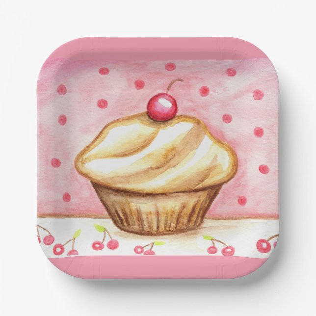 Assiettes en papier Cupcake Cerise  (Recto)