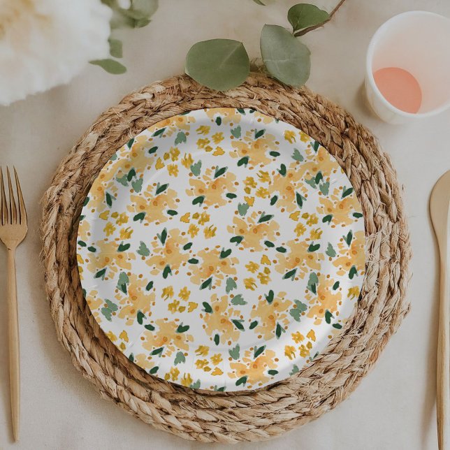 Assiettes en papier de jardin floral aquarelle jau (Yellow watercolor floral garden baby or bridal shower paper plates.)