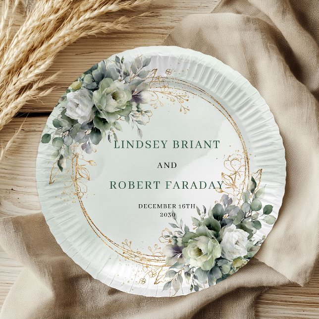 Assiettes en papier de mariage à feuillage botaniq (Dusty Green Botanical Foliage Wedding Paper Plates)