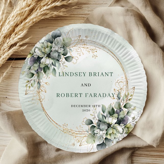 Assiettes en papier de mariage à feuillage botaniq (Dusty Green Botanical Foliage Wedding Paper Plates)