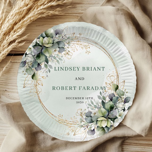 Assiettes en papier de mariage botanique vert pous (Chic Dusty Green Botanical Wedding Paper Plates)