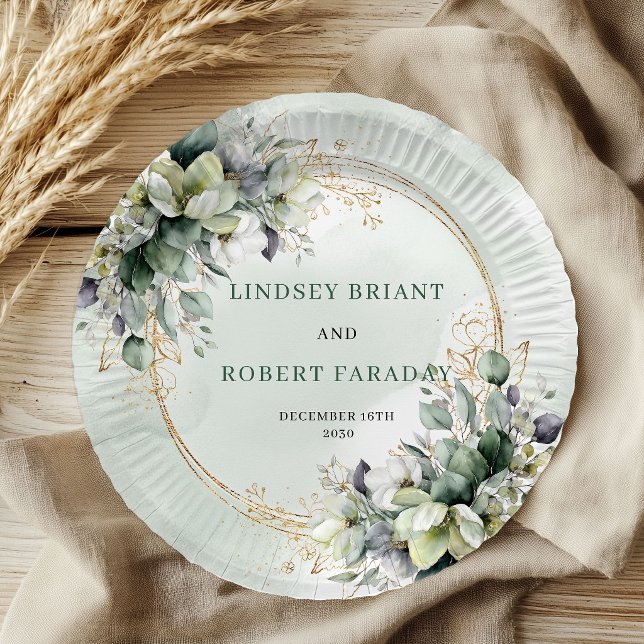 Assiettes en papier de mariage botanique vert saug (Sage Green Foliage Botanical Wedding Paper Plates)