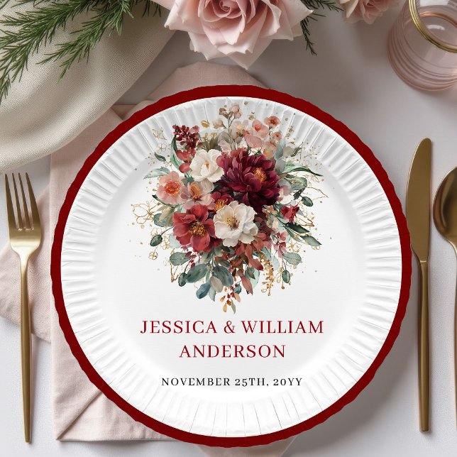 Assiettes en papier de mariage chic eucalyptus Bou (Chic Burgundy Eucalyptus Wedding Paper Plates Design

)
