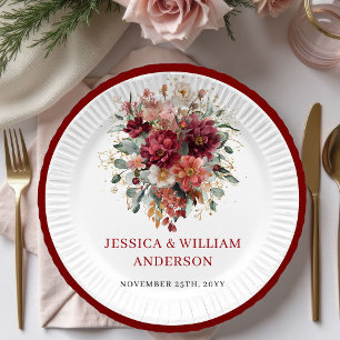 Assiettes en papier de mariage florales bordeaux G