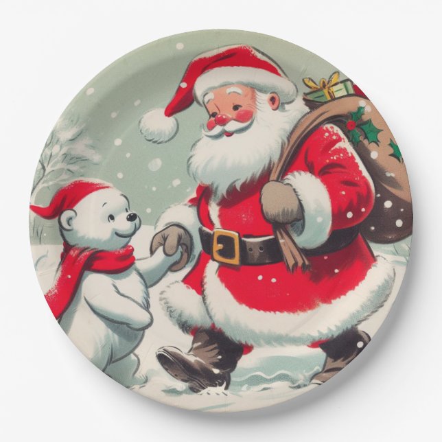 Assiettes en papier de Noël avec Père Noël et ours (Devant)