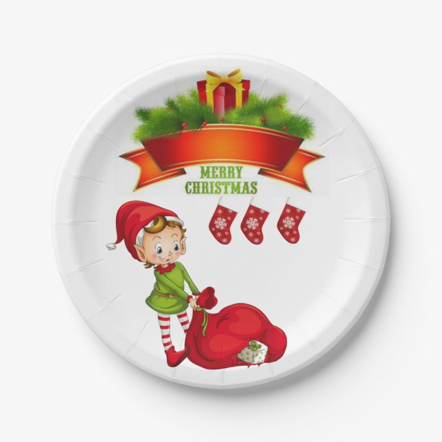 Assiettes en papier de Noël, Joyeux Noël Elfe (Devant)