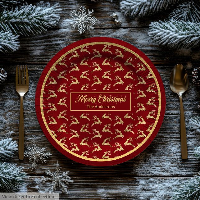Assiettes en papier de Noël modernes rouges et or  (Modern Christmas Paper Plates Red & Gold Reindeer)