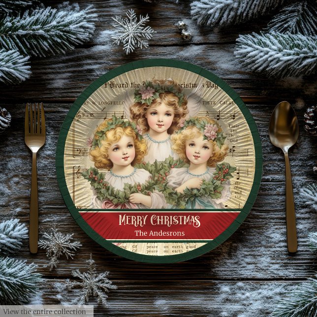 Assiettes en papier de Noël Monogramme Rétro Anges (Monogram Christmas Paper Plates Retro Angels Girls)