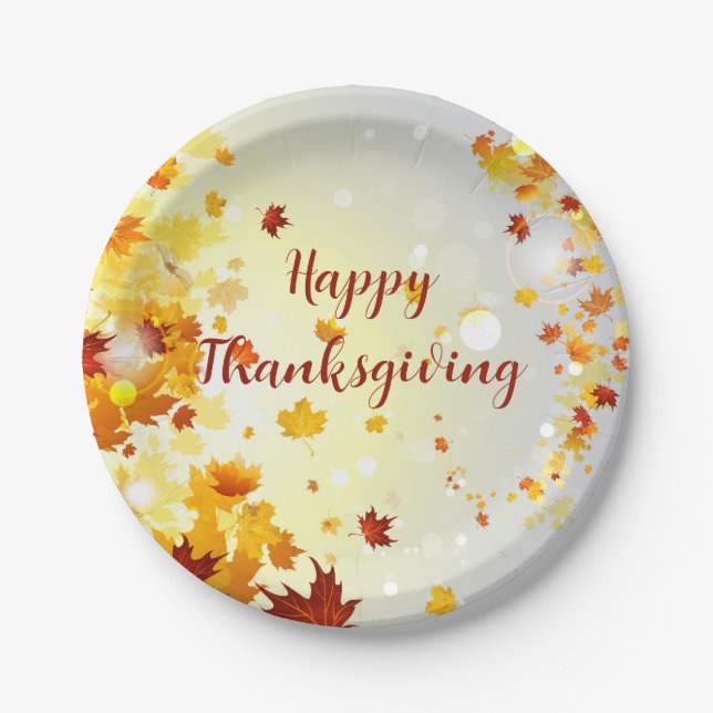 Assiettes en Papier de Thanksgiving avec Feuilles  (Devant)