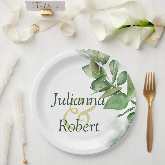 Assiettes en papier de verdure aquarelle charmante (Mariage)